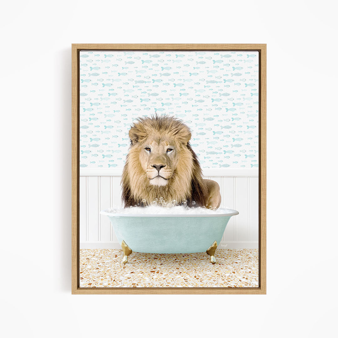 A lion sitting in a bathtub filled with water, surrounded by a pattern of fish.