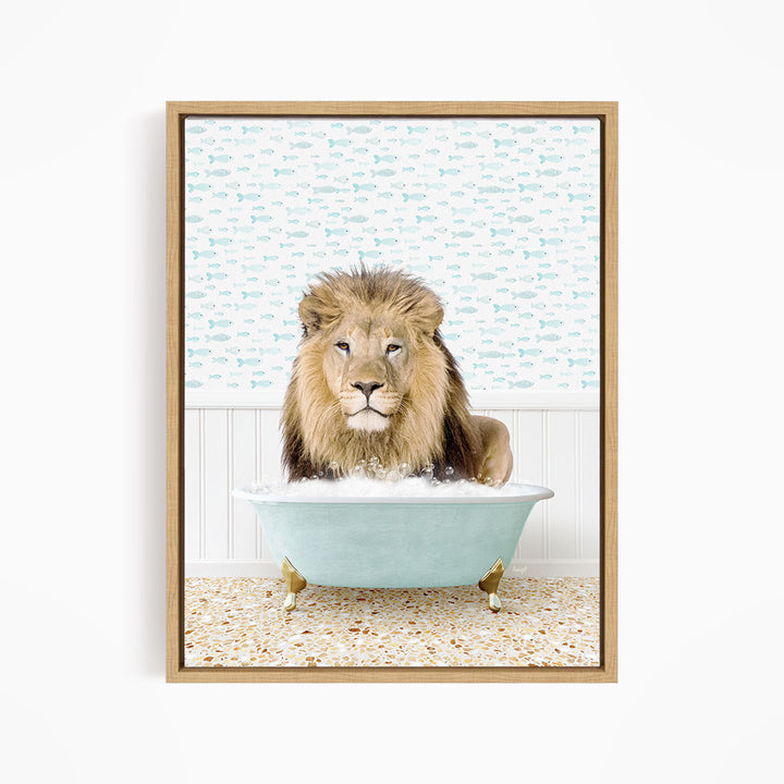 A lion sitting in a bathtub filled with water, surrounded by a pattern of fish.