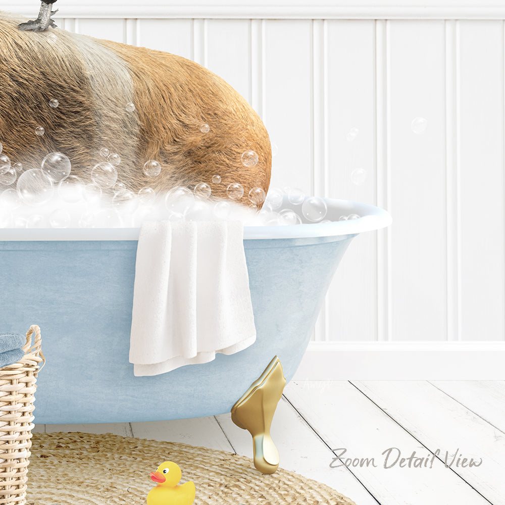A dog is taking a bath in a blue bathtub, surrounded by bubbles and a towel, with a rubber duck nearby.