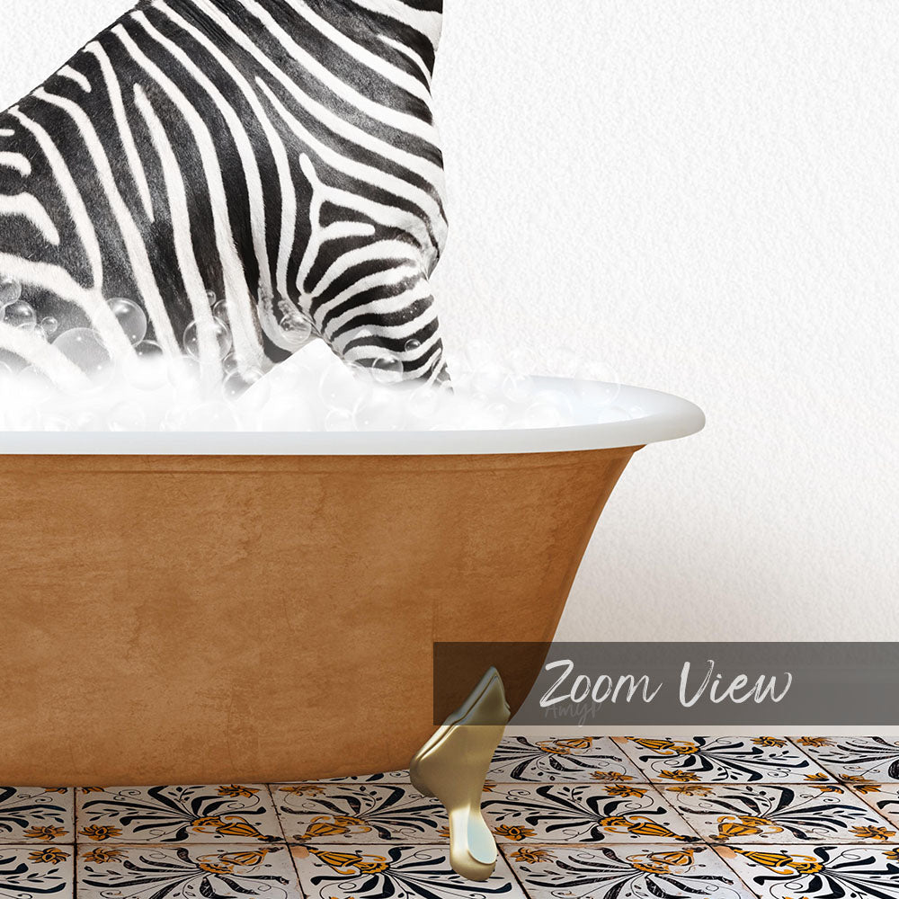 A zebra standing in a bathtub filled with water, with a gold faucet and a patterned tile floor visible in the foreground.