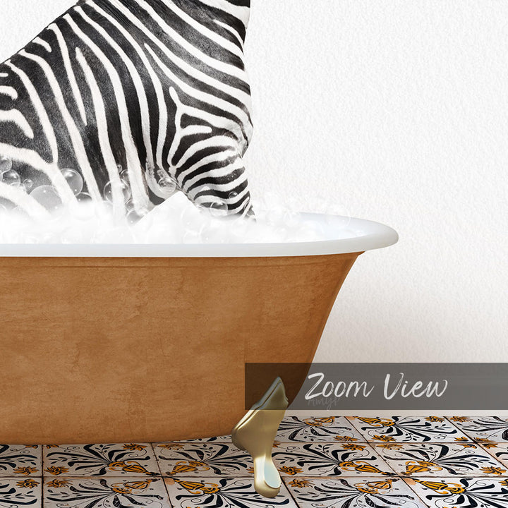 A zebra standing in a bathtub filled with water, with a gold faucet and a patterned tile floor visible in the foreground.