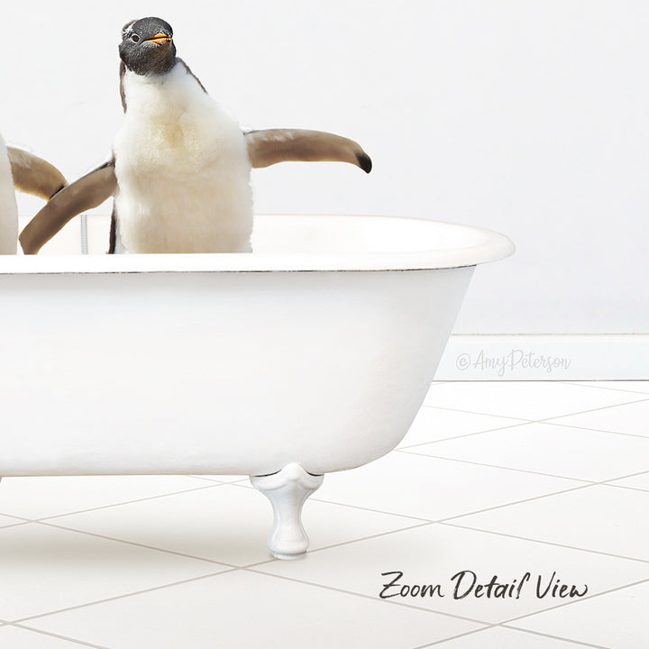 A penguin standing in a white bathtub, with its head and arms raised.