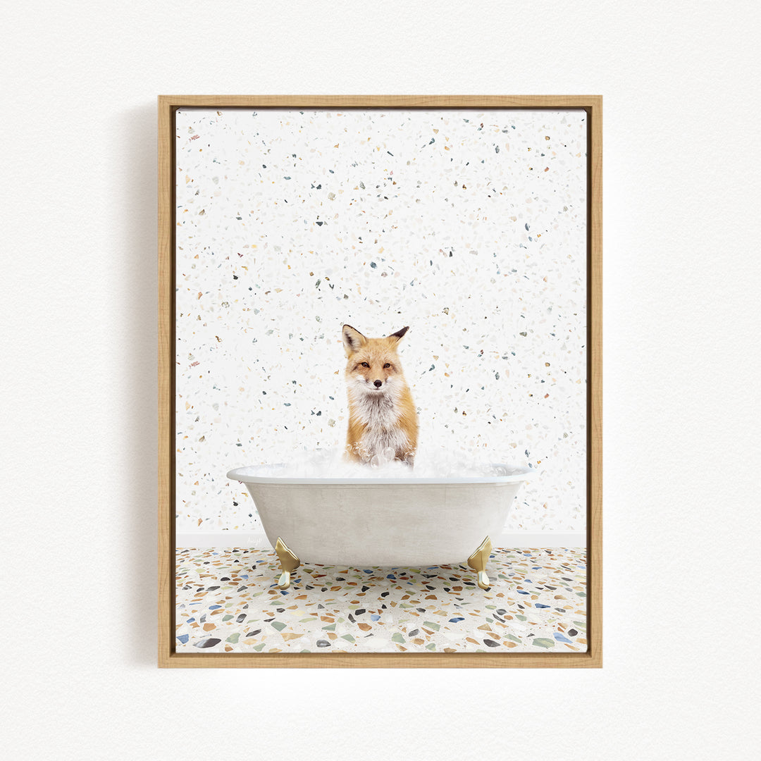 A fox is sitting in a white bathtub filled with water, surrounded by a speckled tiled floor.
