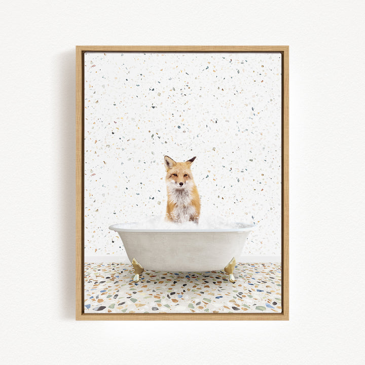A fox is sitting in a white bathtub filled with water, surrounded by a speckled tiled floor.