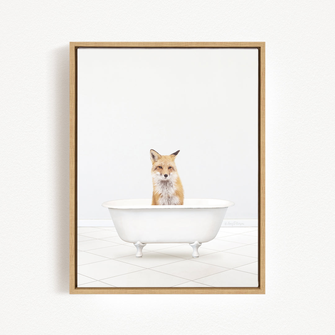 A fox is sitting in a white bathtub, looking directly at the camera.