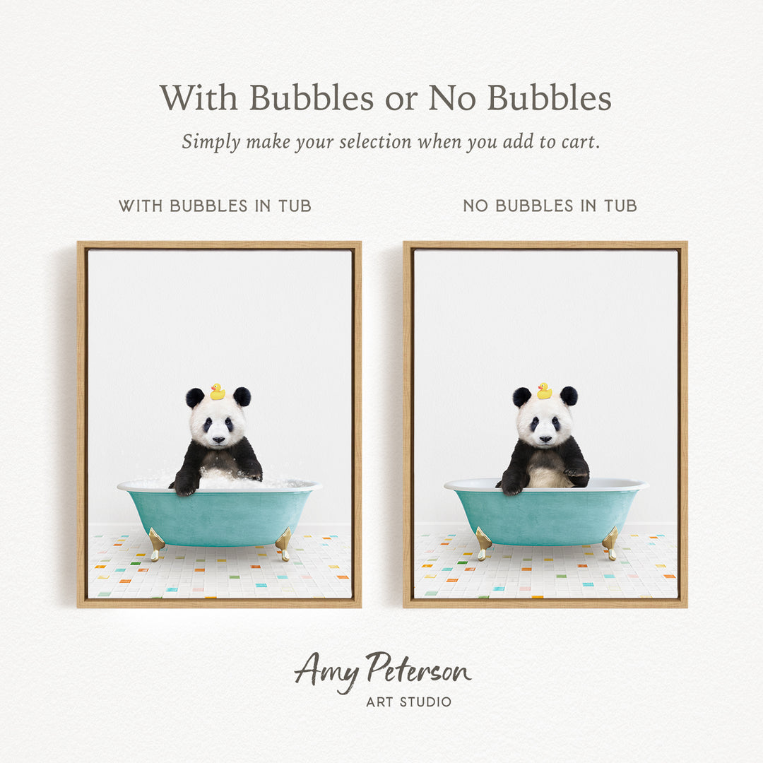 The image is a collage of two framed pictures, each featuring a panda bear sitting in a bathtub. The panda bear in the bathtub has a yellow crown on its head. The text above the images reads "With Bubbles or No Bubbles" and below the images, it says "Simply make your selection when you add to cart."