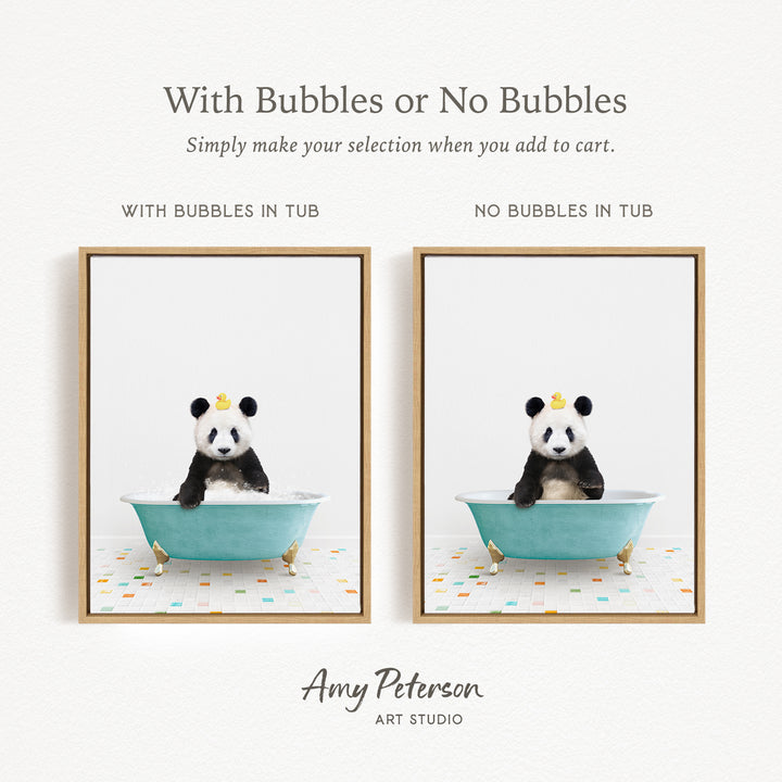 The image is a collage of two framed pictures, each featuring a panda bear sitting in a bathtub. The panda bear in the bathtub has a yellow crown on its head. The text above the images reads "With Bubbles or No Bubbles" and below the images, it says "Simply make your selection when you add to cart."