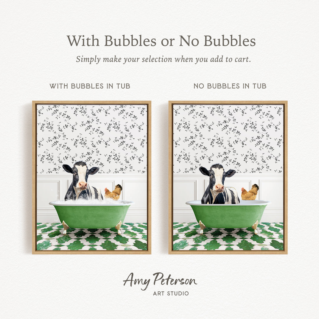 The image is a collage of two framed pictures, each depicting a cow and a chicken in a bathtub. The cow is sitting in a green bathtub, while the chicken is sitting in a separate tub. The collage is titled "With Bubbles or No Bubbles" and is created by Amy Peterson from Art Studio.