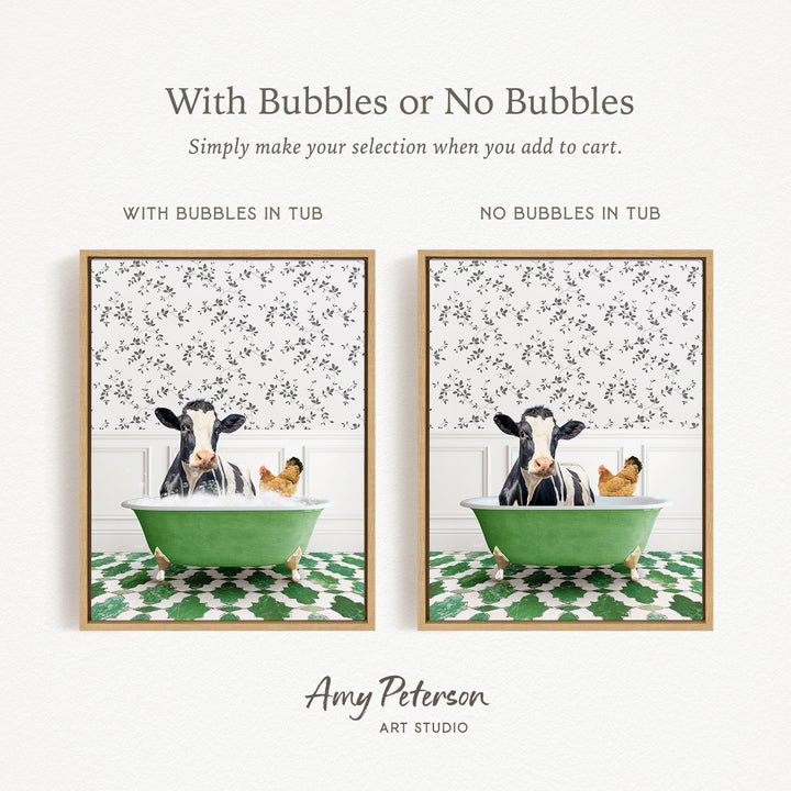 The image is a collage of two framed pictures, each depicting a cow and a chicken in a bathtub. The cow is sitting in a green bathtub, while the chicken is sitting in a separate tub. The collage is titled "With Bubbles or No Bubbles" and is created by Amy Peterson from Art Studio.