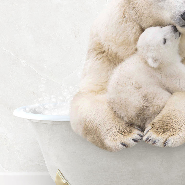 a mother polar bear holding her cub in a bathtub