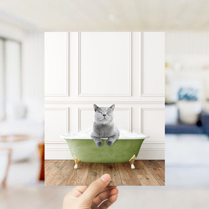 A gray cat sitting in a green bathtub filled with bubbles, with a blurred background suggesting a bathroom setting.