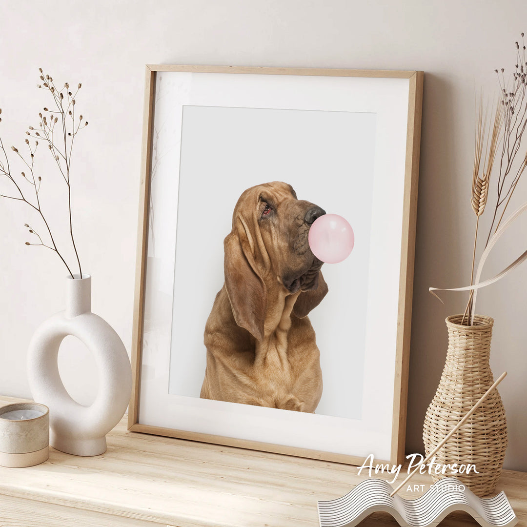 A framed photograph of a dog blowing a bubble gum bubble is displayed on a wooden shelf, accompanied by decorative vases and a woven basket.