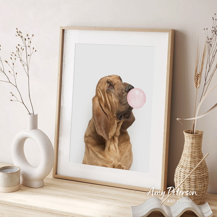 A framed photograph of a dog blowing a bubble gum bubble is displayed on a wooden shelf, accompanied by decorative vases and a woven basket.