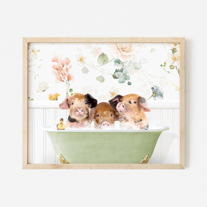 three pigs in a bathtub with flowers on the wall