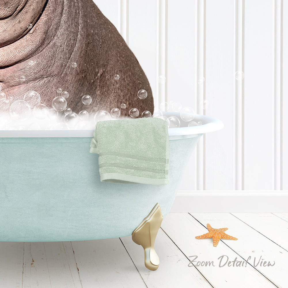 A bathtub filled with bubbles, with a towel and starfish nearby, and a text overlay that reads "Zoom Detail View".