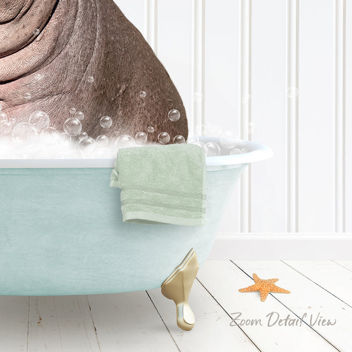 A bathtub filled with bubbles, with a towel and starfish nearby, and a text overlay that reads "Zoom Detail View".
