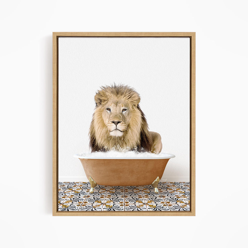 A lion is sitting in a bathtub filled with water, surrounded by a patterned tile floor.