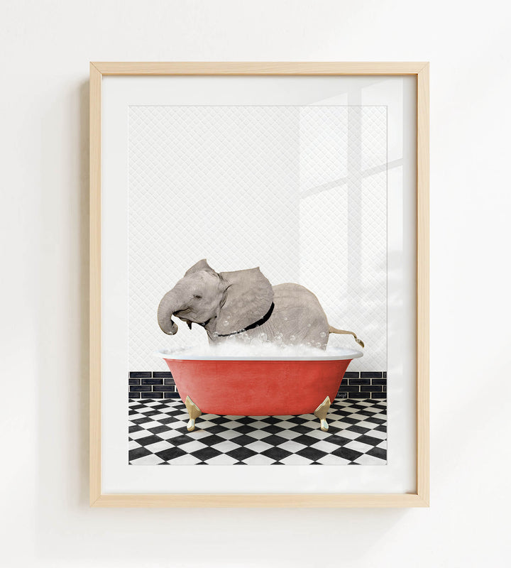 A gray elephant is sitting in a red bathtub filled with bubbles, surrounded by a black and white checkered floor.