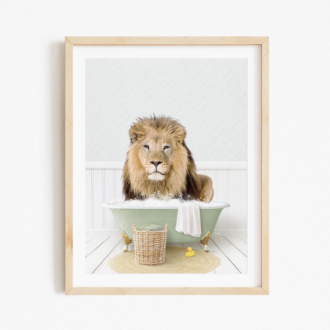 A lion sitting in a green bathtub filled with water, surrounded by rubber ducks.