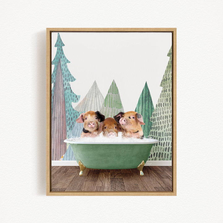 Three adorable pigs sitting in a green bathtub, surrounded by a forest-themed background.
