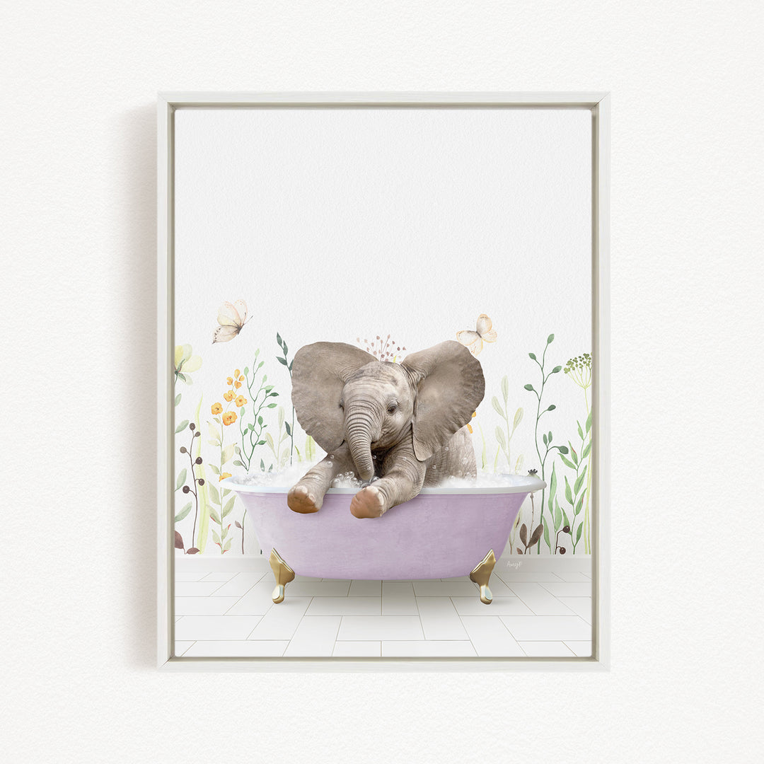 A baby elephant sitting in a bathtub filled with water, surrounded by flowers and butterflies.
