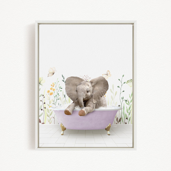 A baby elephant sitting in a bathtub filled with water, surrounded by flowers and butterflies.