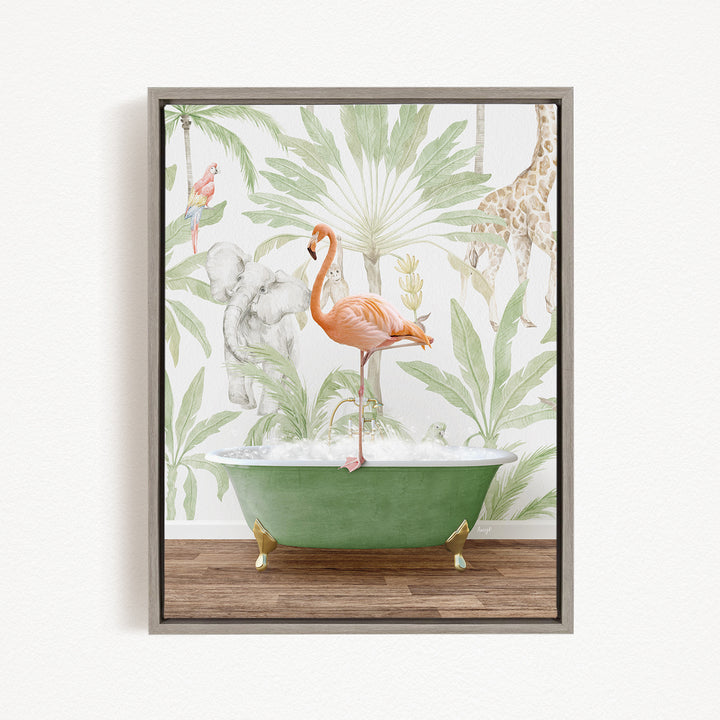 A framed illustration depicting a pink flamingo standing in a green bathtub, surrounded by tropical foliage and animals, including a giraffe and an elephant.