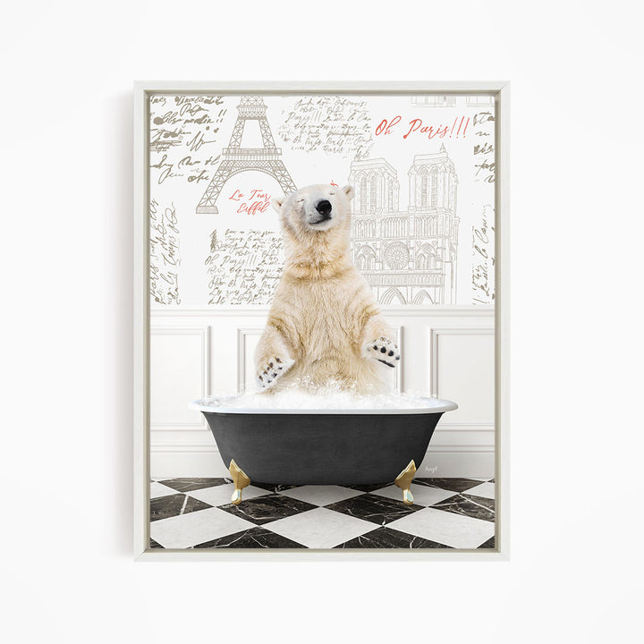 A polar bear sitting in a bathtub filled with water, surrounded by a Paris-themed background with the Eiffel Tower and other landmarks.