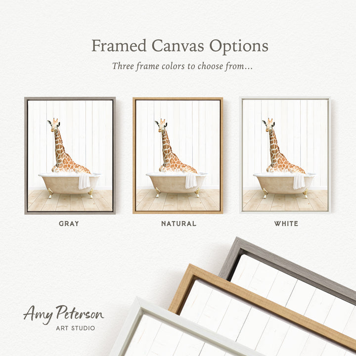 three framed canvas options featuring a giraffe in a bathtub, each with a different frame color: gray, natural, and white.