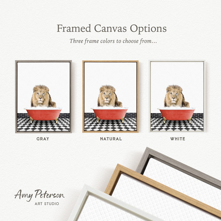 The image is a framed canvas option featuring three different colored frames, each containing a picture of a lion sitting in a red bowl.