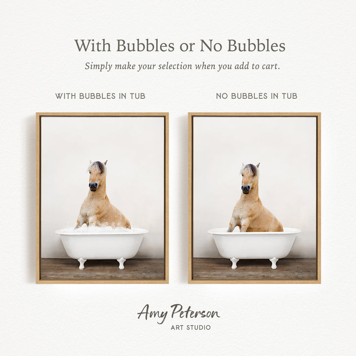 The image is a collage of two pictures, each featuring a horse sitting in a tub. The horse in the tub has bubbles, while the horse in the tub without bubbles is simply sitting in the tub. The text above the images reads "With Bubbles or No Bubbles" and below the images, it says "With Bubbles in Tub" and "NO Bubbles in Tub".