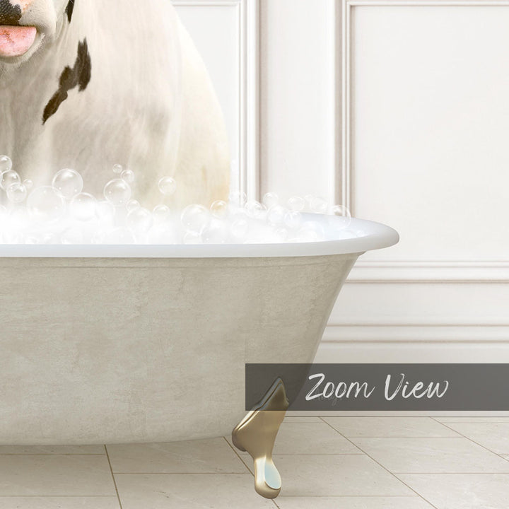 A white bathtub filled with bubbles, with a dog sitting inside and looking at the camera.
