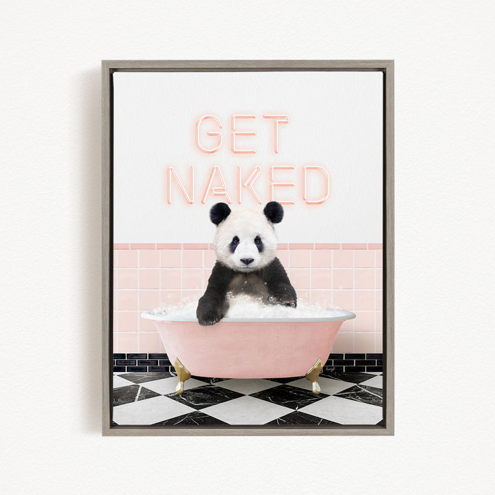 A panda bear sitting in a pink bathtub with the text "GET NAKED" displayed above it.
