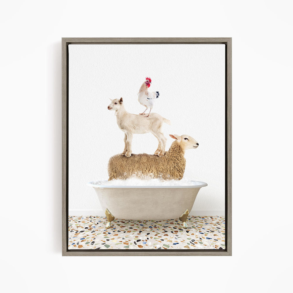 A framed image depicting a sheep standing on a tub filled with water, with a chicken perched on top of it.