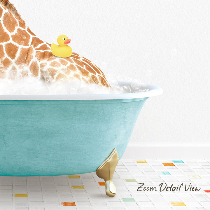 A giraffe is sitting in a blue bathtub filled with water, with a yellow rubber duck floating on its back.