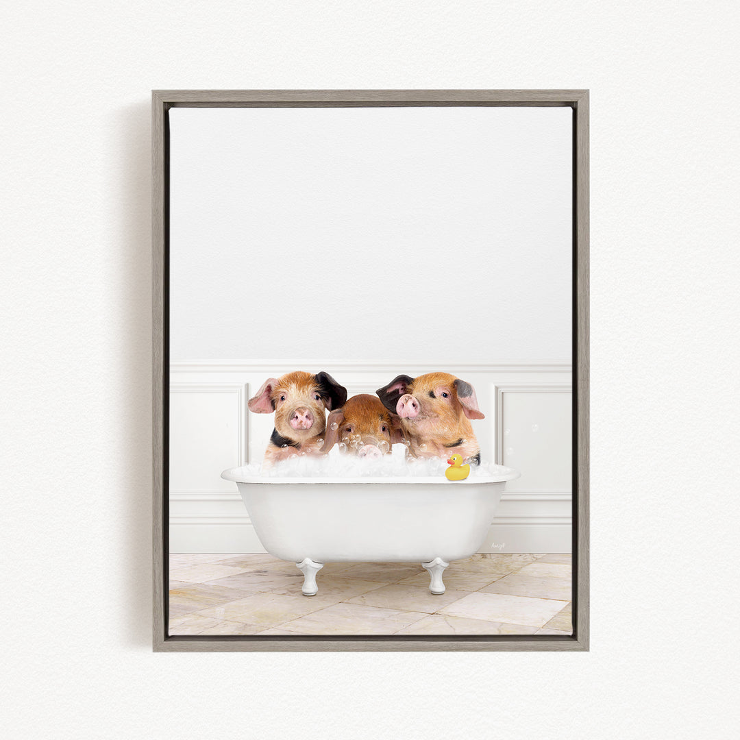 Three adorable pigs sitting in a white bathtub, enjoying a bath time together.