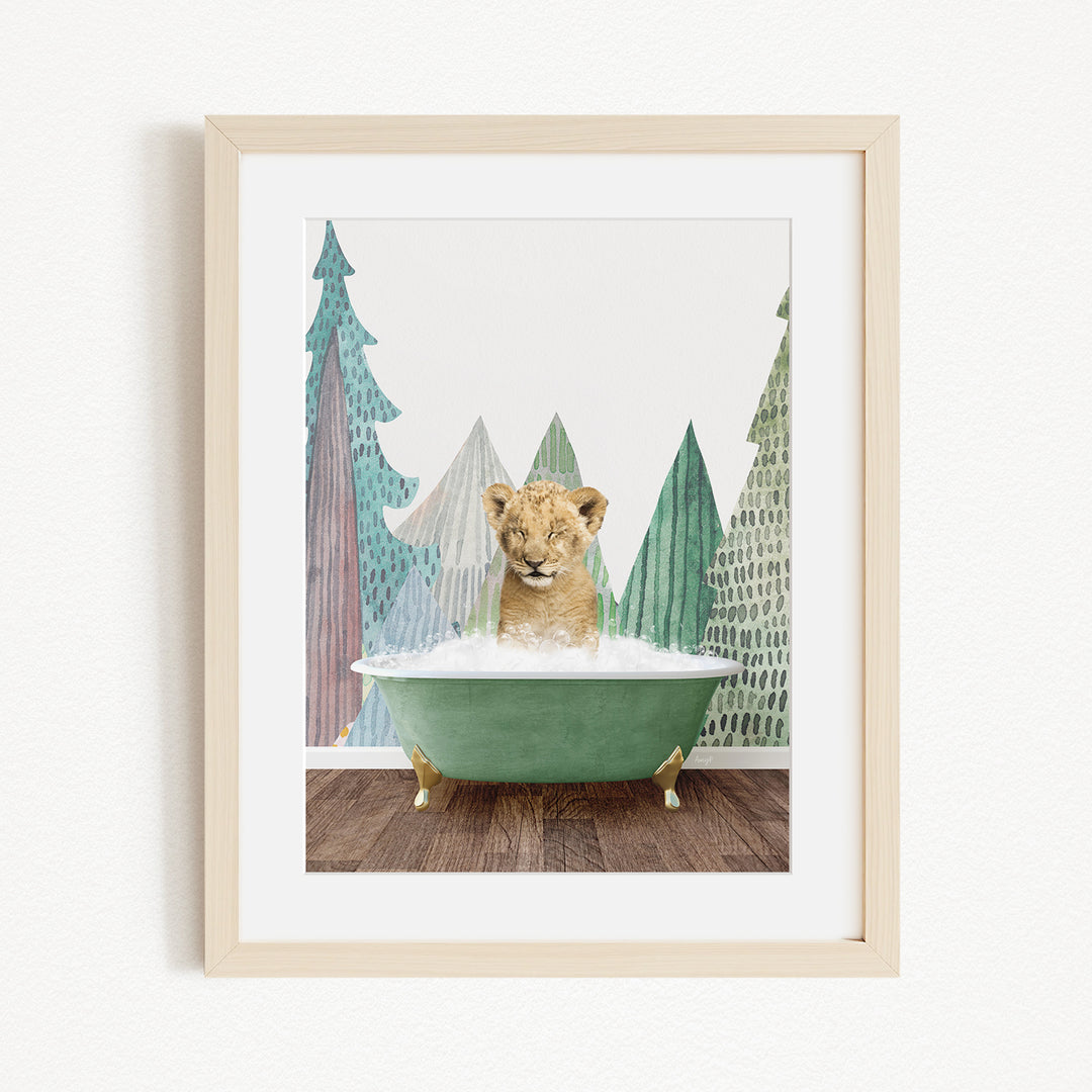 A young lion cub sitting in a green bathtub, surrounded by stylized trees in the background.