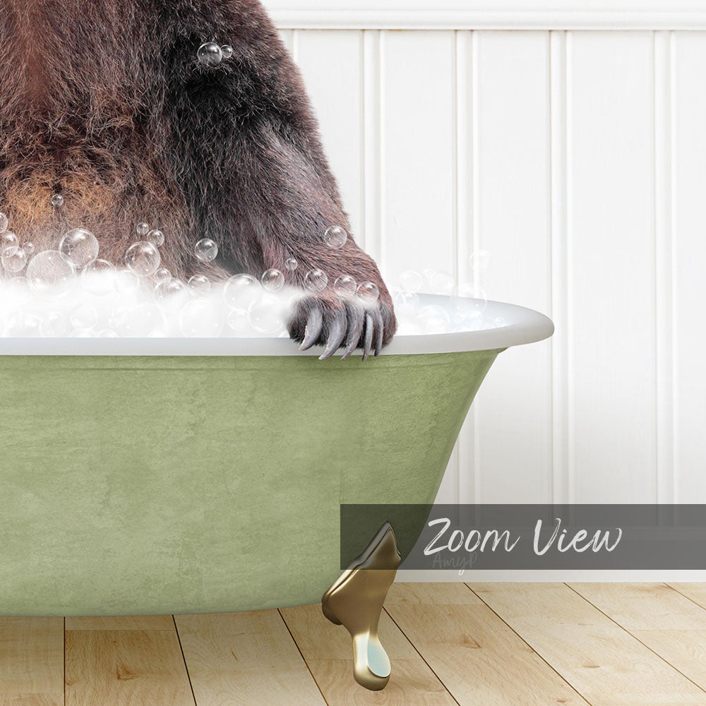 A close-up of a bear's paw in a green bathtub filled with bubbles, with the text "Zoom View" in the bottom right corner.