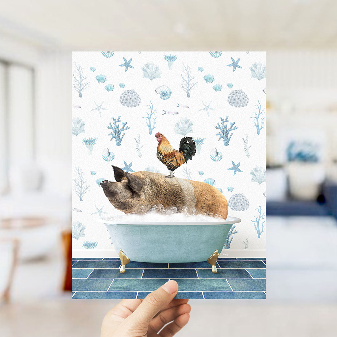 A hand is holding up a print featuring a pig sitting in a bathtub, with a rooster perched on its back.