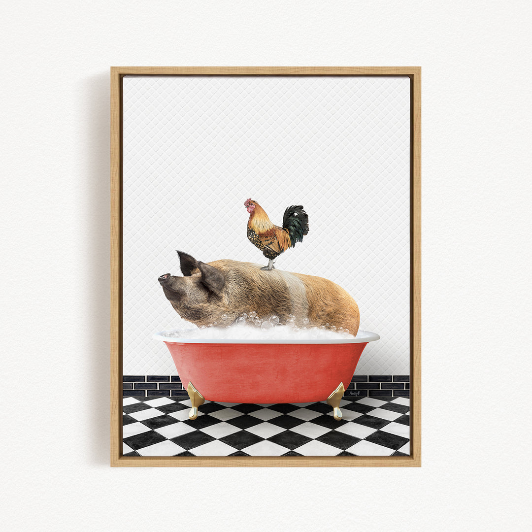 A rooster sits atop a pig in a red bathtub, both surrounded by a black and white checkered floor.