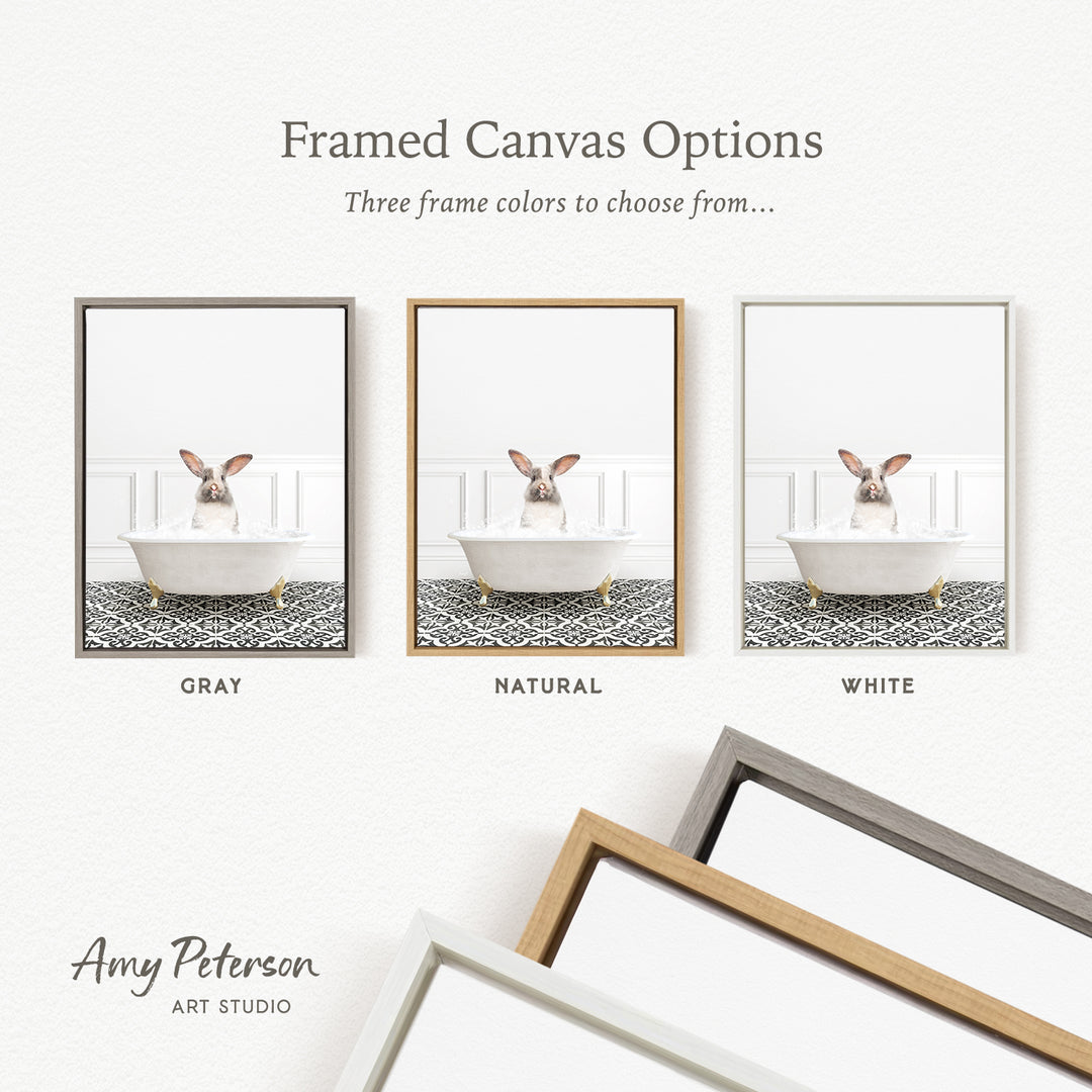 The image is a framed canvas option showcasing three different frame colors: gray, natural, and white. The canvas features a small rabbit sitting in a bathtub, and the frame colors are gray, natural, and white.