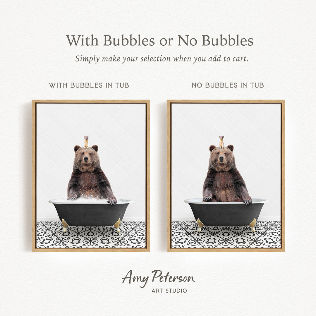 a bear sitting in a tub with bubbles, and the bear is sitting on a black and white patterned surface.