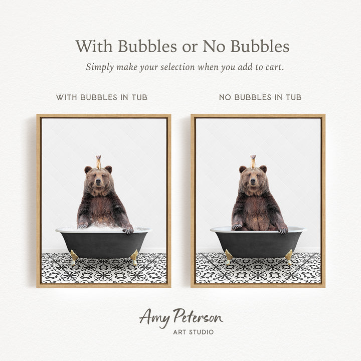 a bear sitting in a tub with bubbles, and the bear is sitting on a black and white patterned surface.