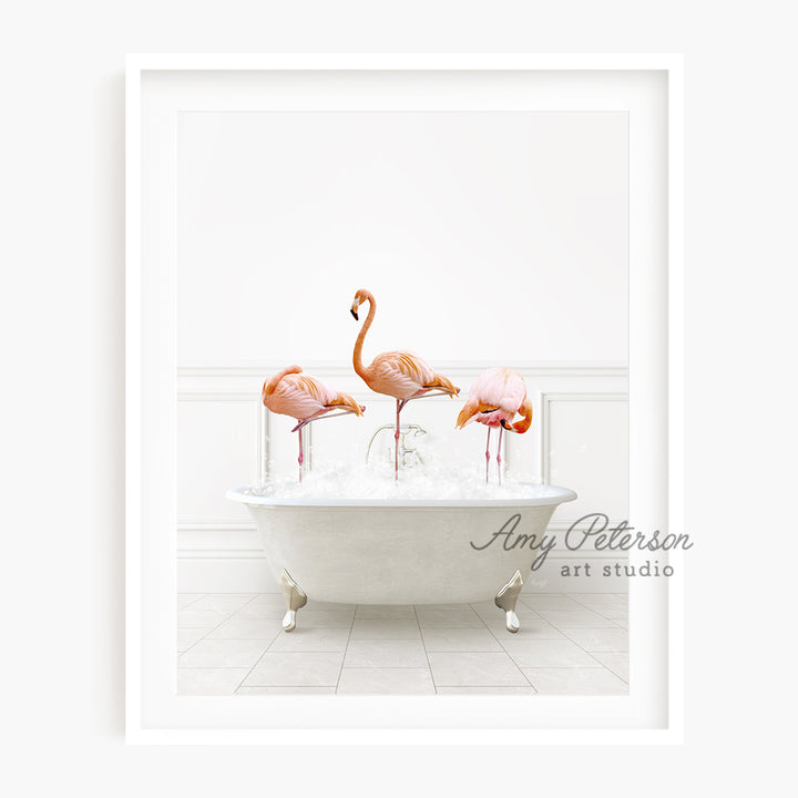 a group of pink flamingos sitting in a bathtub