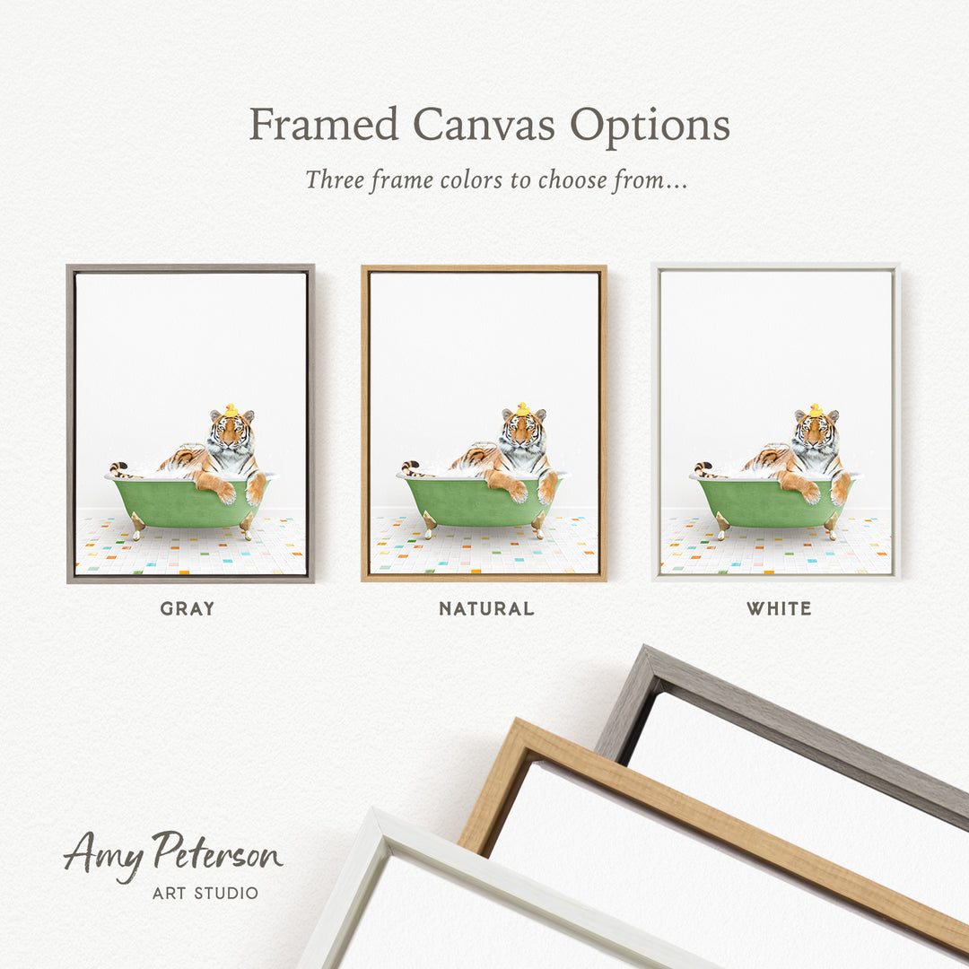 three framed canvas options, each featuring a cat sitting in a bathtub with a bird perched on its head. The options include a gray frame, a natural frame, and a white frame.