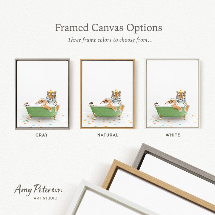 three framed canvas options, each featuring a cat sitting in a bathtub with a bird perched on its head. The options include a gray frame, a natural frame, and a white frame.