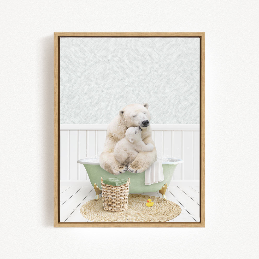 A mother polar bear and her cub sitting in a green bathtub, surrounded by a basket of toys and a yellow rubber duck.
