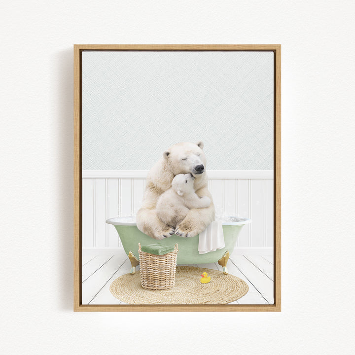 A mother polar bear and her cub sitting in a green bathtub, surrounded by a basket of toys and a yellow rubber duck.