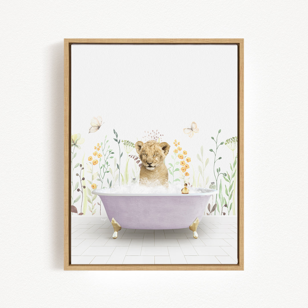 A young lion cub sitting in a purple bathtub filled with bubbles, surrounded by flowers and butterflies.