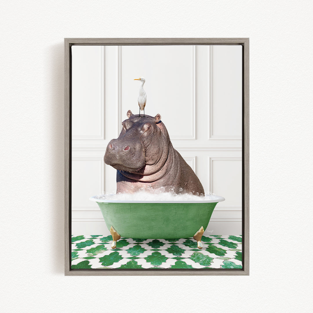 A large hippopotamus is sitting in a green bathtub, with a seagull perched on its head.